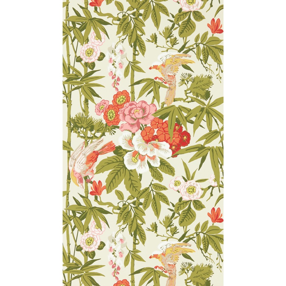 Bamboo & Birds Wallpaper 217128 by Sanderson in Mandarin Red Olive Green